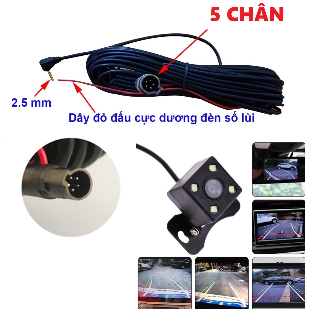 Camera lùi và dây camera lùi 5 chân cho ô tô , dùng cho camera hành trình chất lượng rõ nét- Hàng cao cấp loại 1