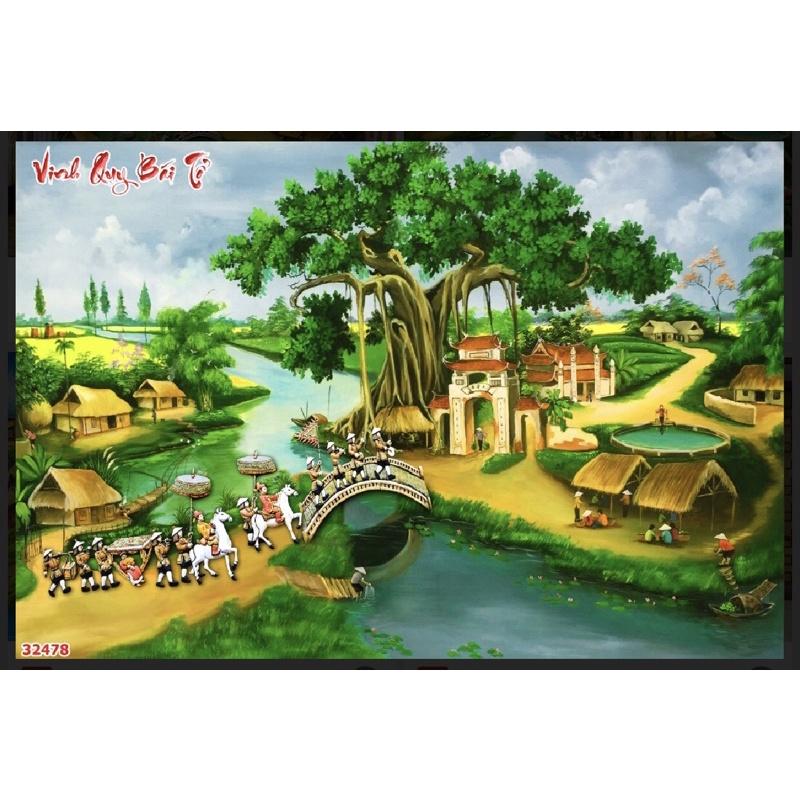 tranh ving quy bái tổ dán tường 3d. tranh in vải lụa kèm keo