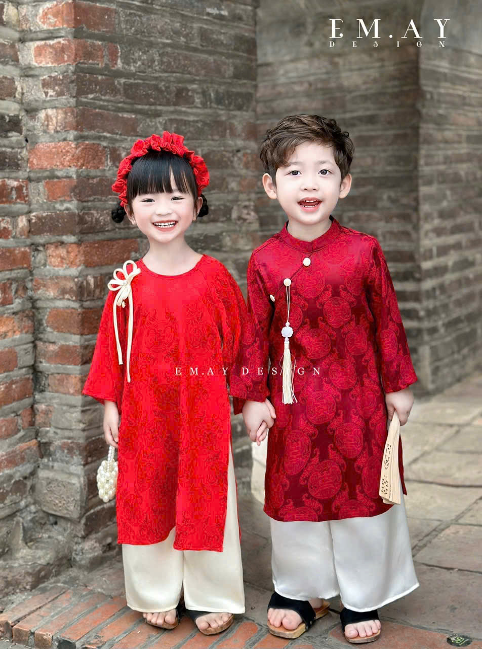 Bộ áo dài cho bé trai bé gái diện đôi mẫu Phú quý An khang đón xuân năm mới từ 10-40kg vải gấm cực mềm
