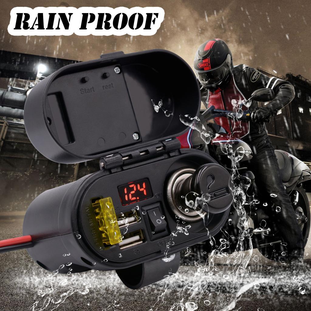 Waterproof Motorcycle Cigarette Lighter Dual USB Charger & Switch & Clock