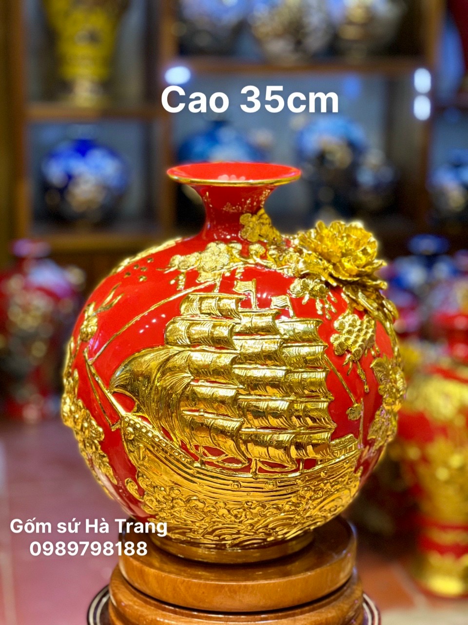 Bình hút tài lộc gốm sứ Bát Tràng cao cấp dát vàng hoạ tiết thuận buồm xuôi gió cao 35cm