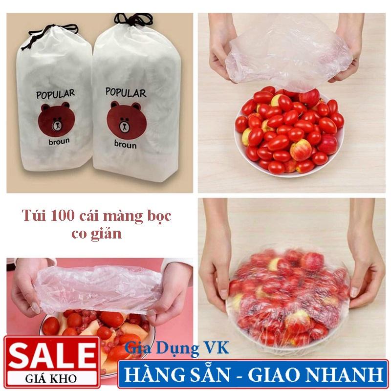 Set 100 Màng Bọc Thực Phẩm Túi Gấu, Màng Bọc PE Có Chun Co Giãn Tái Sử Dụng Nhiều Lần - Loại Đủ
