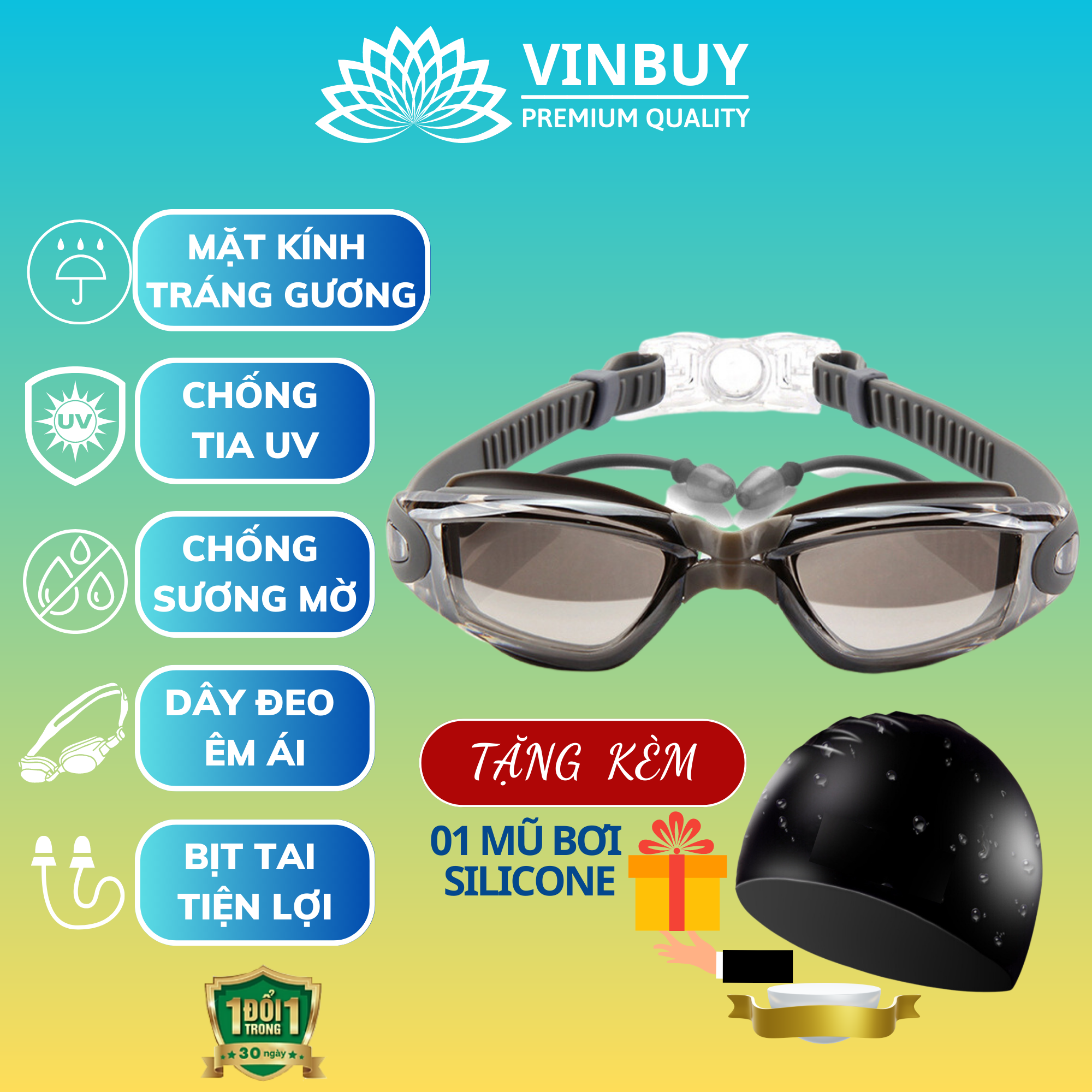 Kính Bơi Tráng Gương kèm bịt tai cao cấp VinBuy chống sương mù, chống tia UV Hàng chính hãng - Tặng kèm nón bơi Silicon (Màu ngẫu nhiên)