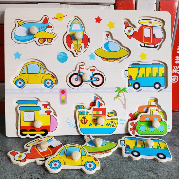 Bảng Ghép Hình Bằng Gỗ Có Núm Cầm -Bộ Xếp Hình- Đồ Chơi Gỗ Thông Minh Cho Bé
