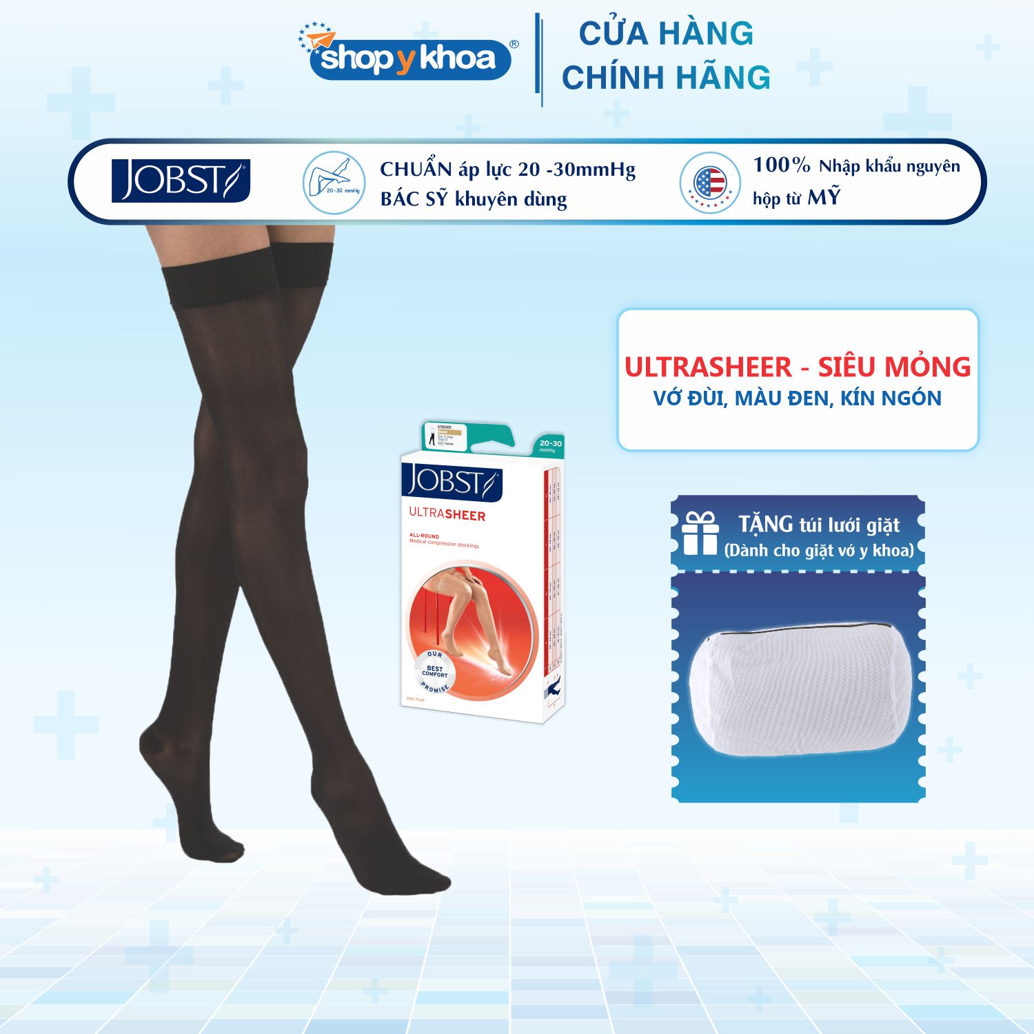 Vớ y khoa đùi silicone JOBST UltraSheer - Siêu mỏng, màu đen, kín ngón, 20-30mmHg, giãn tĩnh mạch chân (Tất y khoa)