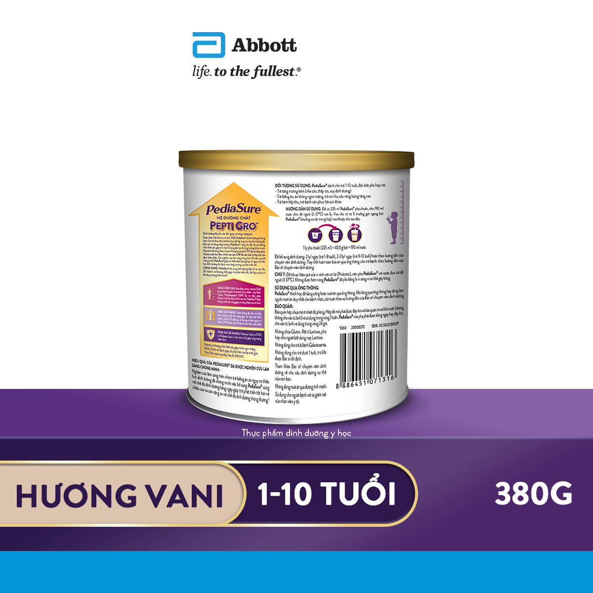 Sữa bột Abbott Pediasure hương vani ít ngọt cho trẻ từ 1 - 10 tuổi (380g)