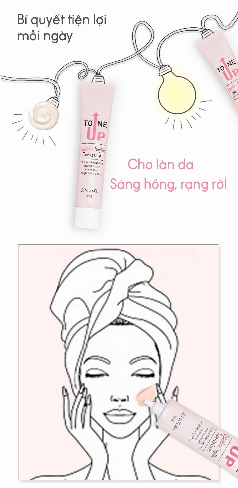 Kem nâng tông dưỡng da trắng hồng rạng rỡ - Natinda Calamine Shiny Pink Tone-Up Cream - 50g