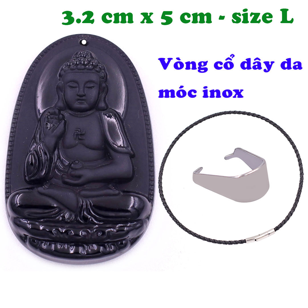 Mặt Phật A di đà đá thạch anh đen 5 cm kèm vòng cổ dây da đen - mặt dây chuyền size lớn - size L, Mặt Phật bản mệnh