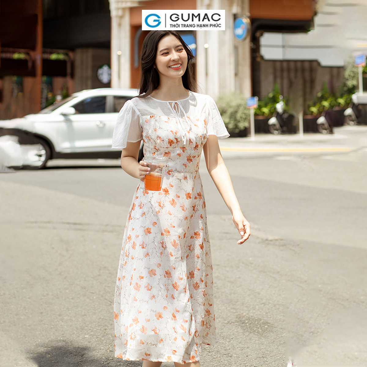 Đầm hoa phối vải tơ sang trọng nữ tính thanh lịch thời trang GUMAC DD06062