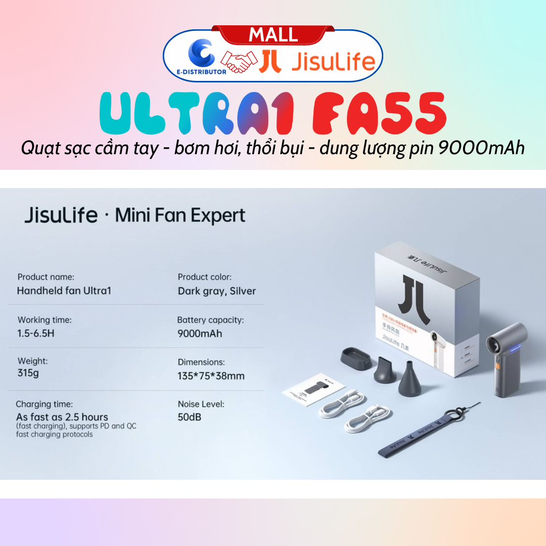 Quạt du lịch cầm tay đa năng Jisulife ULTRA1 FA55 quạt 18W, pin 6 giờ, bơm hơi, thổi bụi - Hàng chính hãng