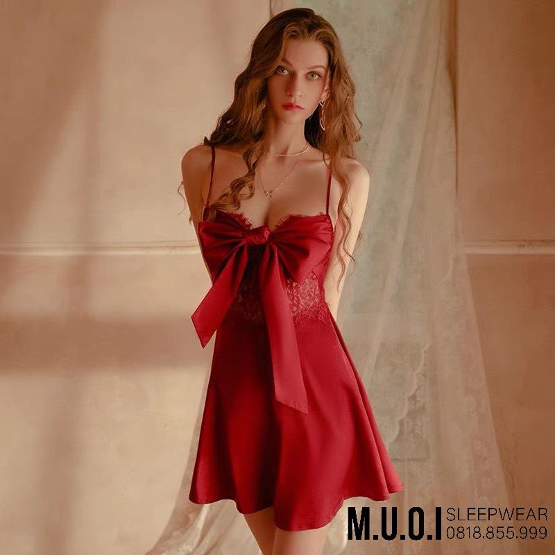 Váy ngủ sexy Quảng Châu- Sx 98 Váy ngủ lụa nơ lớn phối ren tôn dáng ngực QCCC Muối Sleepwear-sẵn