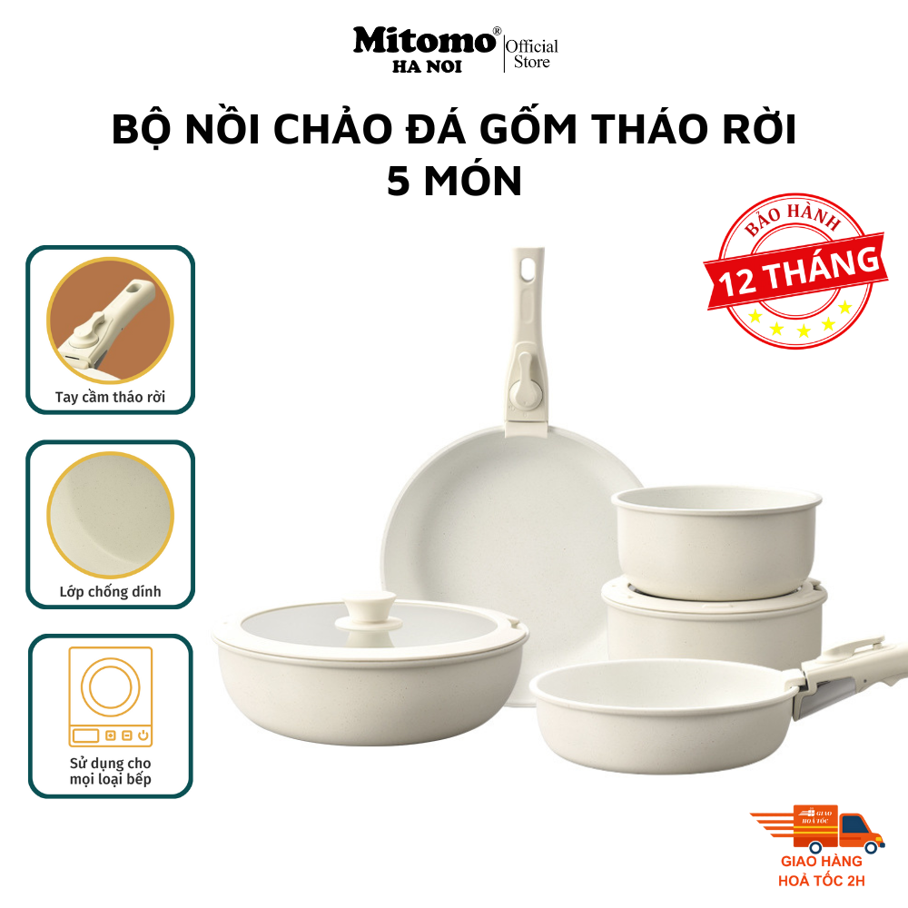 Bộ nồi chảo đá gốm Mitomo chống dính cao cấp 5 món có tay cầm tháo rời, dùng cho mọi loại bếp - Hàng chính hãng