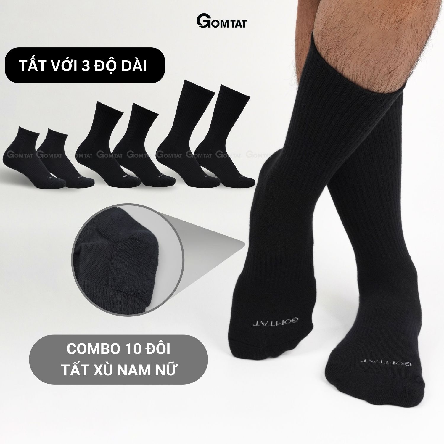 Combo 10 đôi vớ nam nữ màu đen GOMTAT, chất liệu cotton cao cấp, thoáng mát, có lớp xù êm chân - NGAN-STA-5009-DEN-CB10