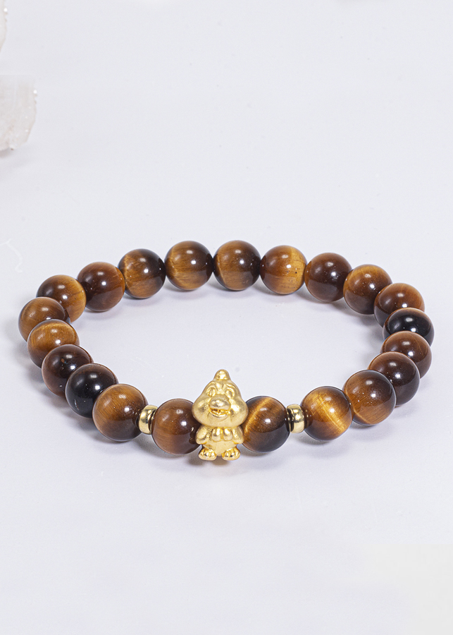 Vòng Tay Phong Thủy Đá Mắt Hổ Vàng Nâu Phối Charm Tuổi Dậu Bạc Mạ Vàng 24K Mệnh Thổ, Kim Ngọc Quý Gemstones