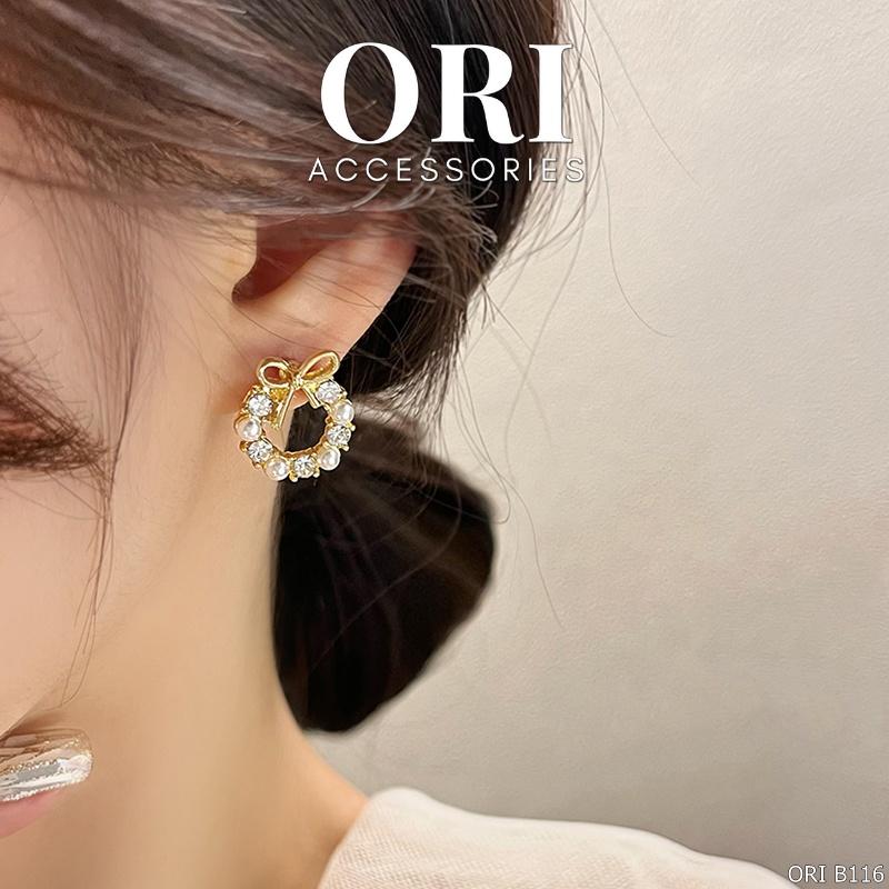 Bông tai nữ vòng tròn nơ đính đá Amyas đáng yêu ORI ACCESSORIES B116