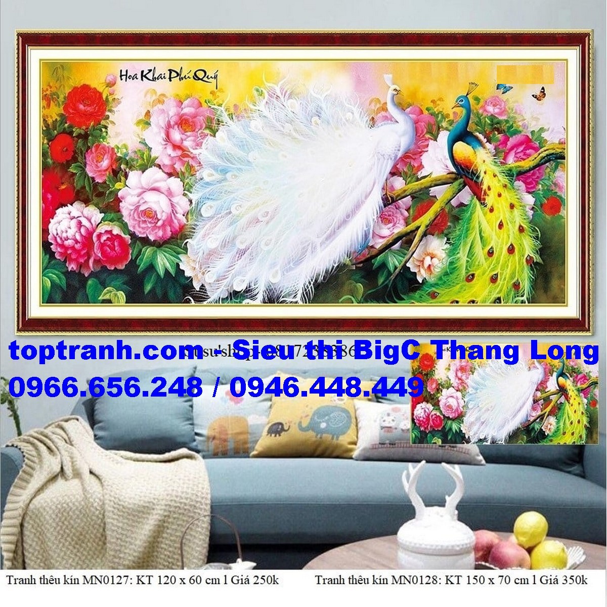 Tranh thêu chữ thập chim công và hoa mẫu đơn hoa khai phú quý MN0128 chưa thêu