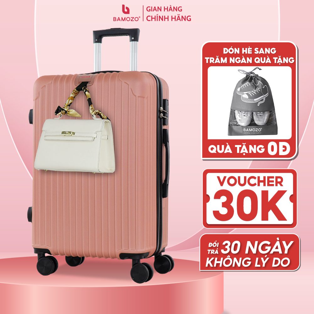 Vali du lịch BAMOZO 8801 MÀU VÀNG HỒNG size 20/24, vali kéo nhựa được bảo hành 5 năm.