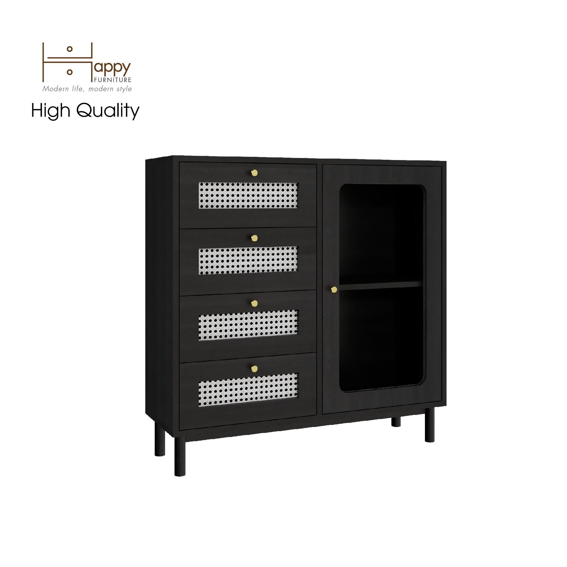 [Happy Home Furniture] ROTAN, Tủ đựng đồ cửa kính - 4 ngăn kéo - chân sắt , 90cm x 30cm x 90cm ( DxRxC), THK_124