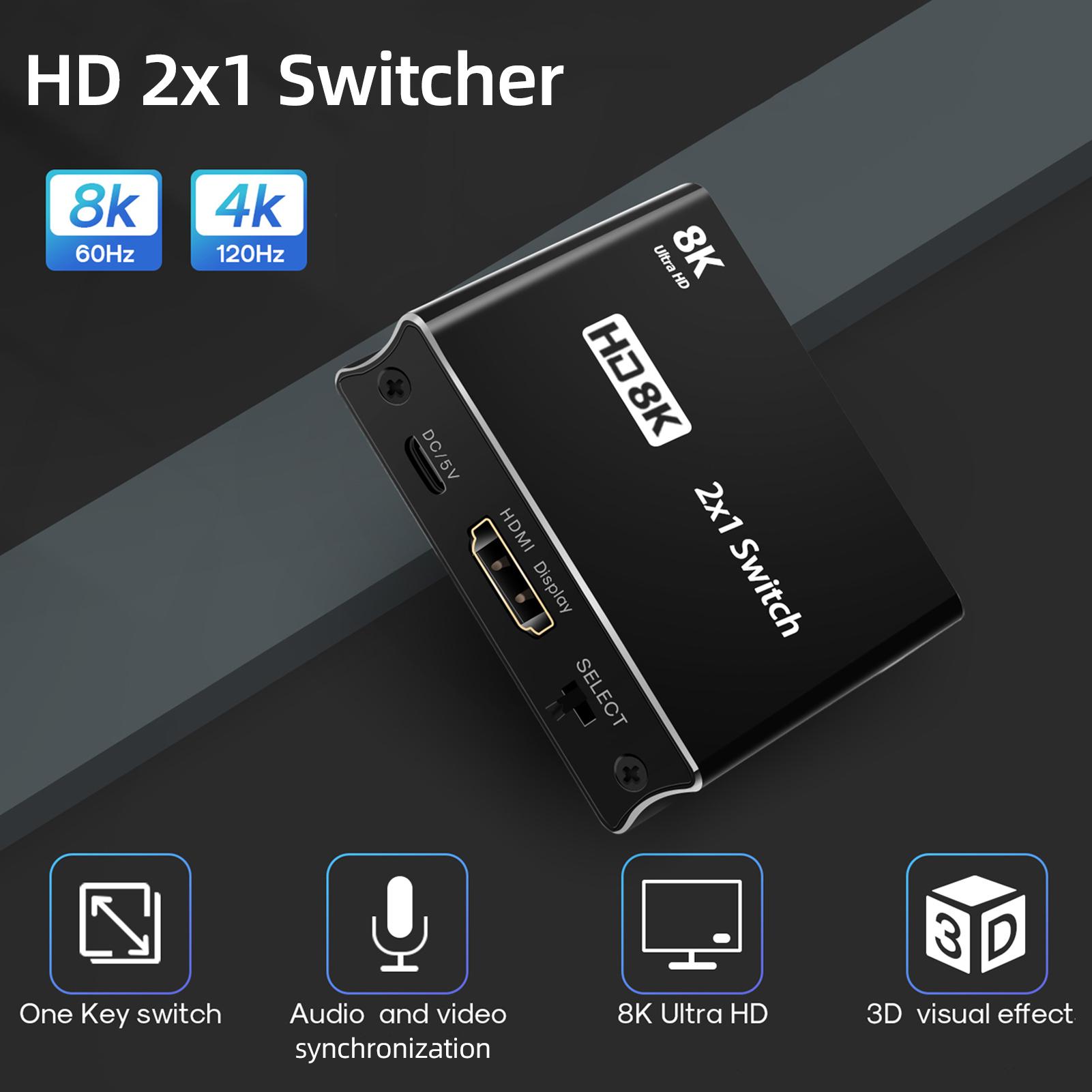 HD 2x1 Switcher 2 in 1 out High-speed HD Switcher Converter up to 8K@60Hz Resolution One-key Switch Wide Compatibility