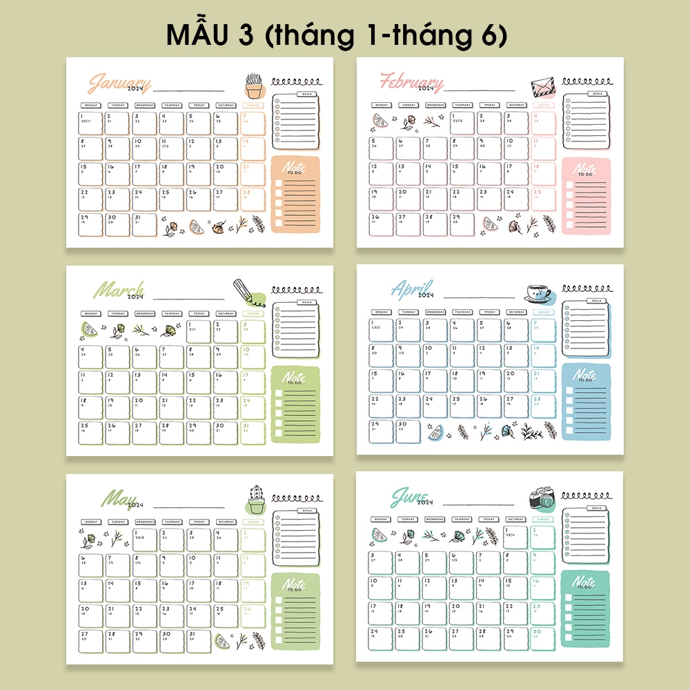 Lịch để bàn 2024 [TẶNG 12/2023], lịch 2024 có lịch âm, note ngày lễ, tone màu pastel cute 3, planne