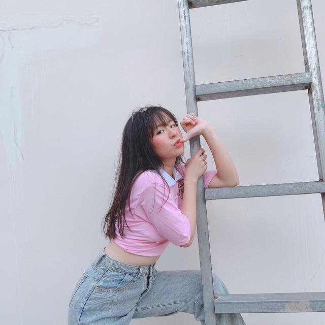 Áo kiểu croptop cổ bẻ lo go thêu nữ