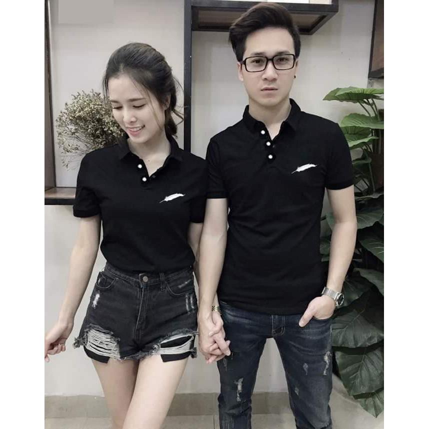 Áo đôi nam nữ cổ trụ màu đen