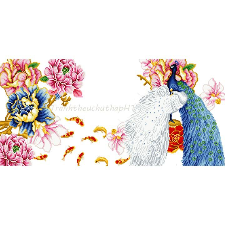 Tranh đính đá - Tranh thêu chữ thập vợ chồng chim công hoa mẫu đơn - size: 103*50cm