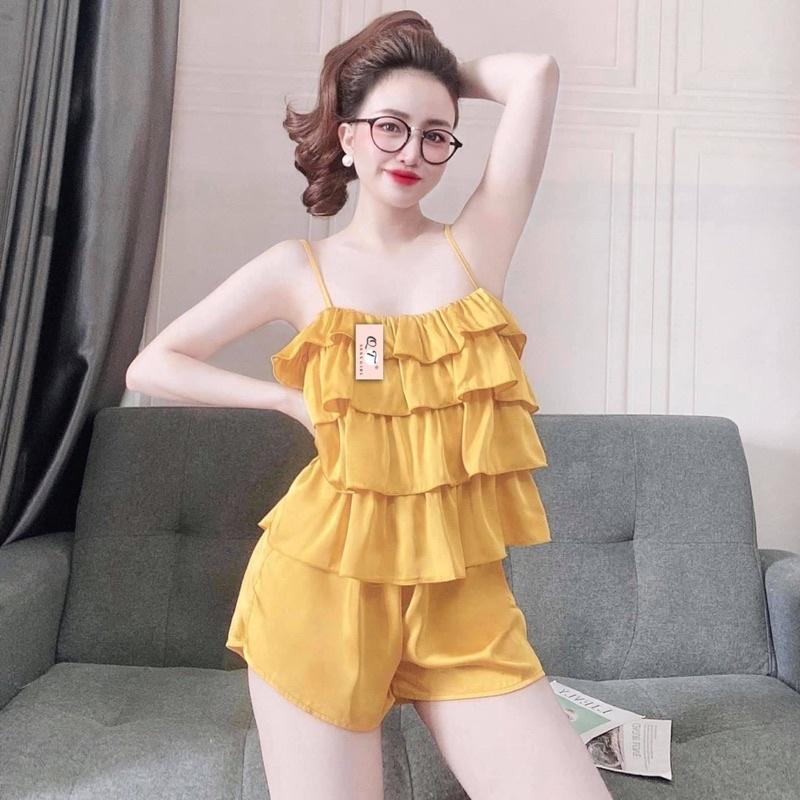 Đồ ngủ 2 dây tầng kiểu dáng trẻ trung ,bộ mặc nhà chất lụa satin mềm mịn, mát, phom to dưới 60kg- tùy chiều cao