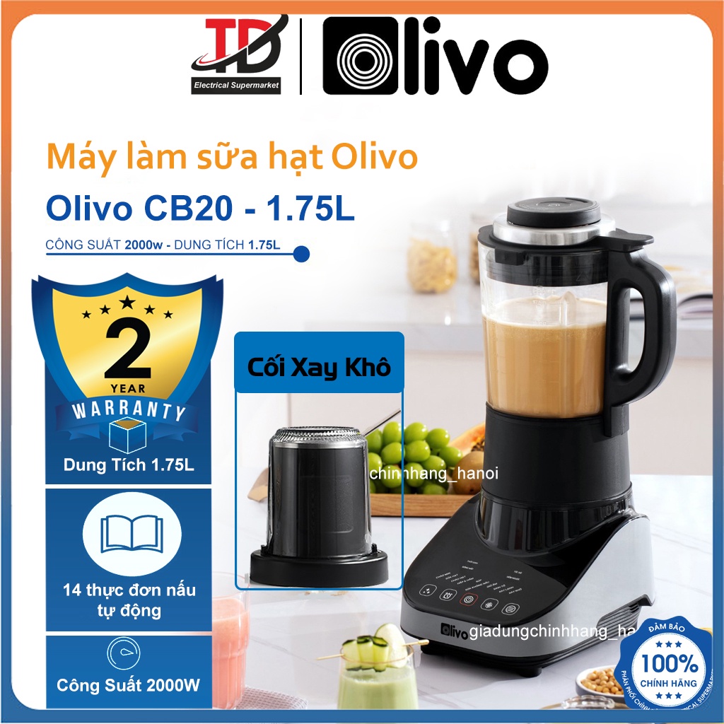 Máy Làm Sữa Hạt Đa Năng OLIVO CB20, 1.75Lit - 2000W, Kèm Cối Xay Khô, Hàng Chính Hãng