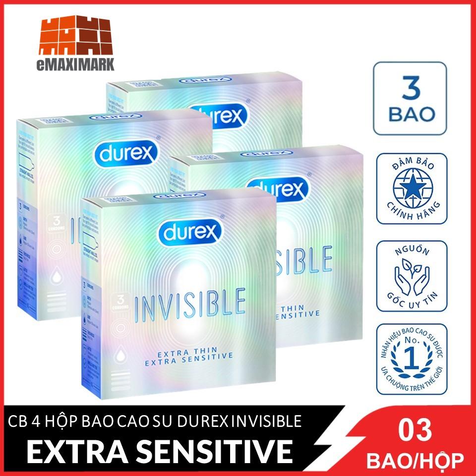 Combo 4 hộp Bao cao su Durex Invisible extra sensitive (Trắng) Hộp 3 cáiX4