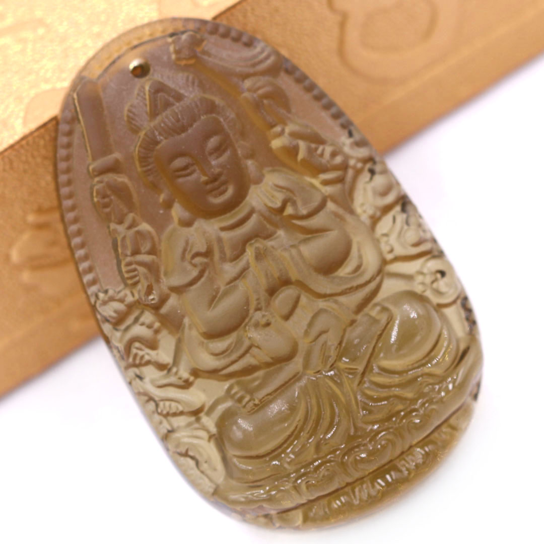 Mặt Phật Quan âm nghìn tay nghìn mắt đá obsidian  1.9cm x 3cm  kèm vòng cổ dây chuyền inox rắn vàng + móc inox vàng, Mặt Phật Quan âm