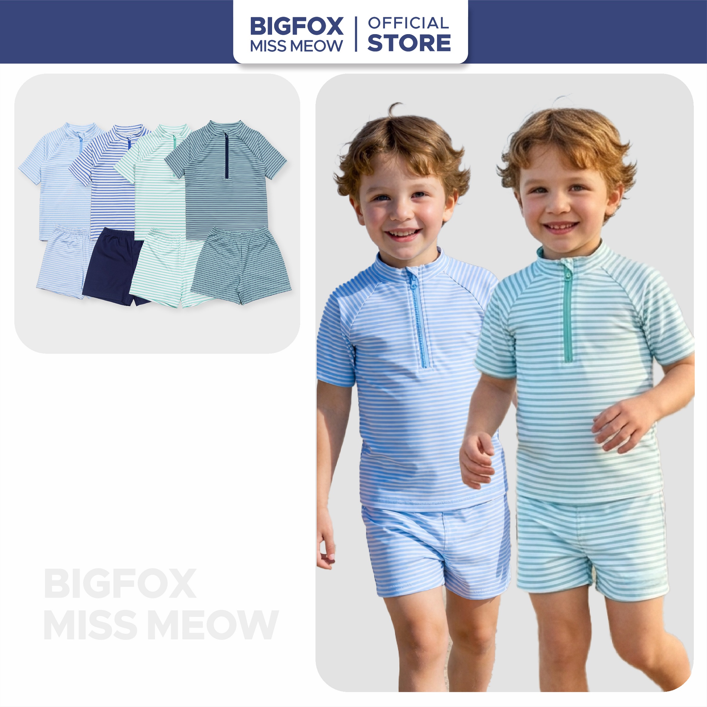 Bộ đồ bơi bé trai Bigfox Miss Meow khóa kéo mẫu áo rời, quần rời tay ngắn size đại trẻ em 11-35kg