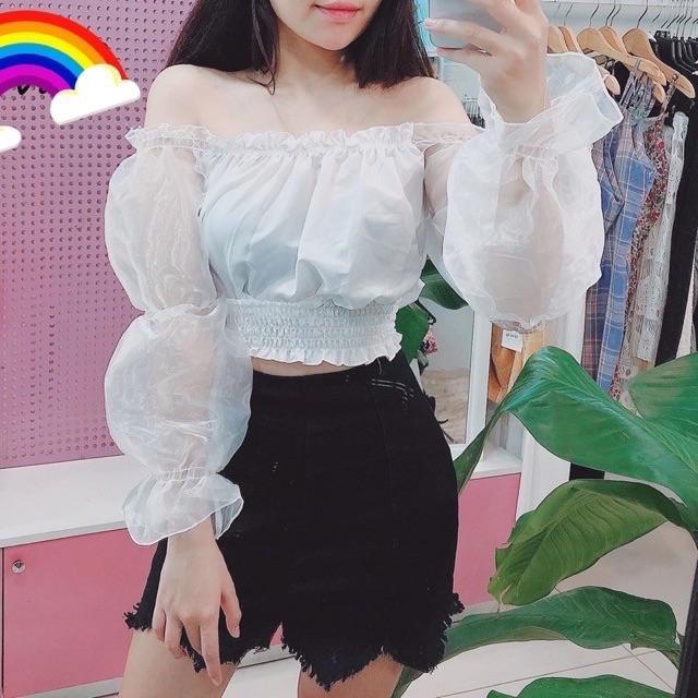 Áo voan trễ vai tay lưới croptop, áo tay lưới trễ vai