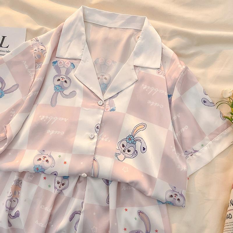 MS1049 Bộ Pyjama Nữ Lụa Satin, Bộ Quần Đùi Áo Cộc Mặc Nhà Thỏ Hồng Caro 3922#