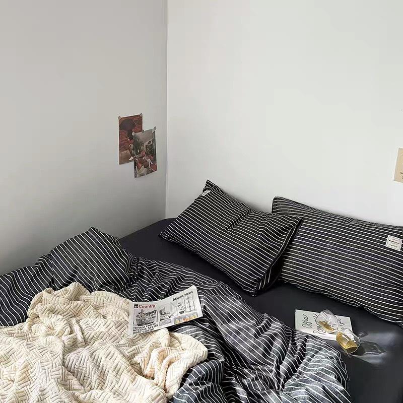Bộ Vỏ chăn ga gối Cotton TC Nhà Nhím Chăn ga gối kẻ sọc caro 4 món