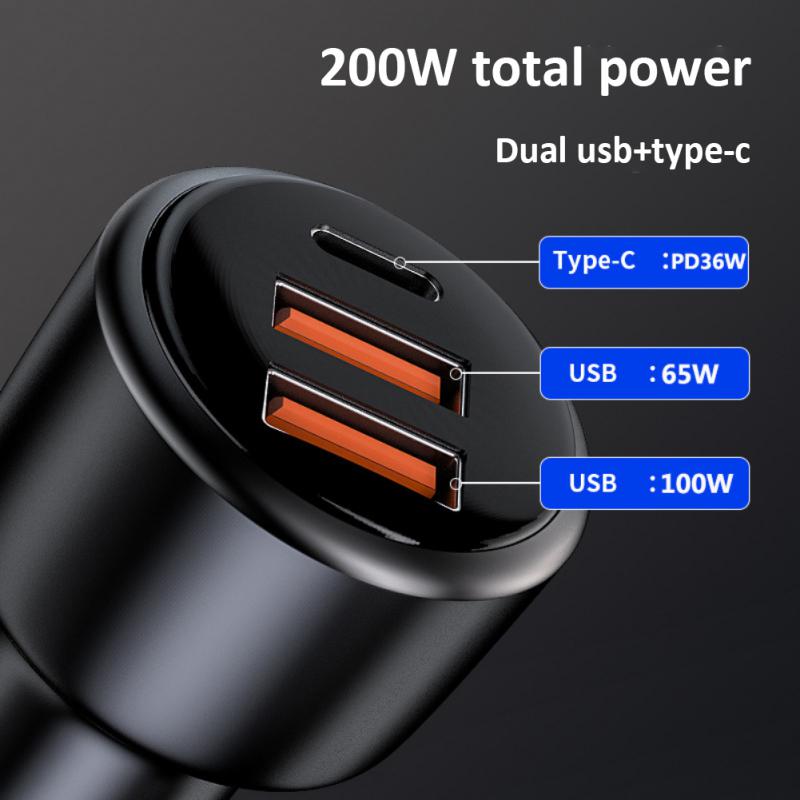 Cốc sạc trên ô tô kèm dây sạc 3 đầu USB Car Charger 200W 125W 65W Type C PD 3.0 Super Fast Charging