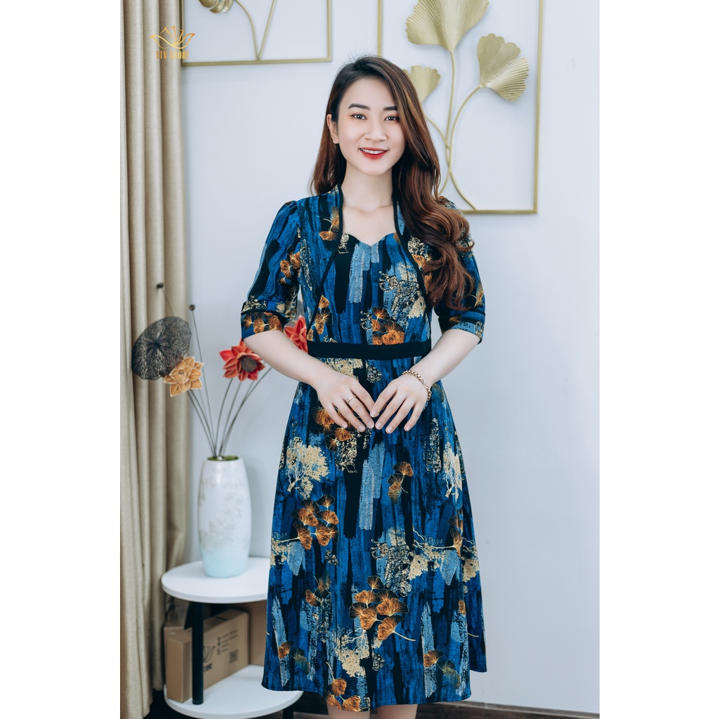 Đầm xòe thiết kế trung niên sang trọng Cổ lục giác tay lỡ màu Xanh họa tiết TTV STORE TTV1247