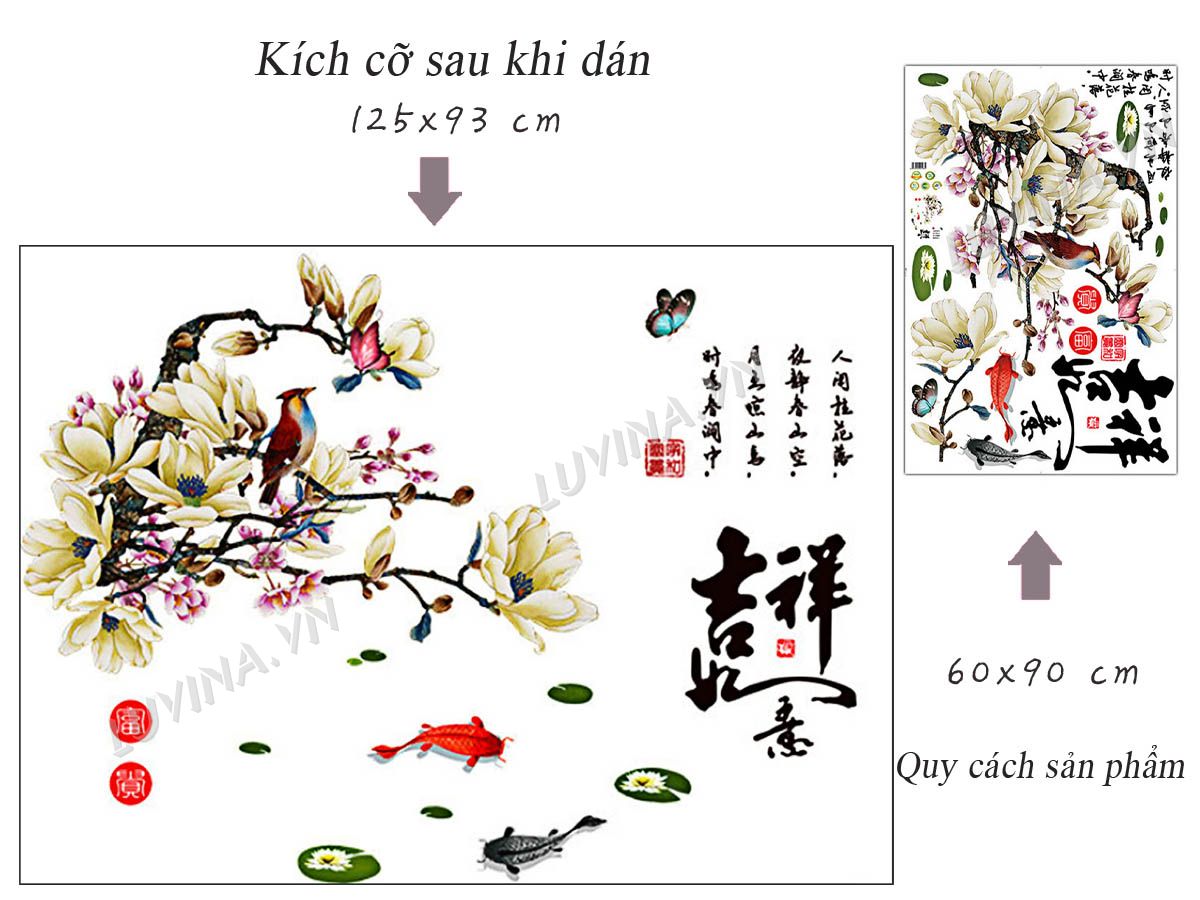 Decal dán tường Mẫu đơn chim én và hoa sen - HP417