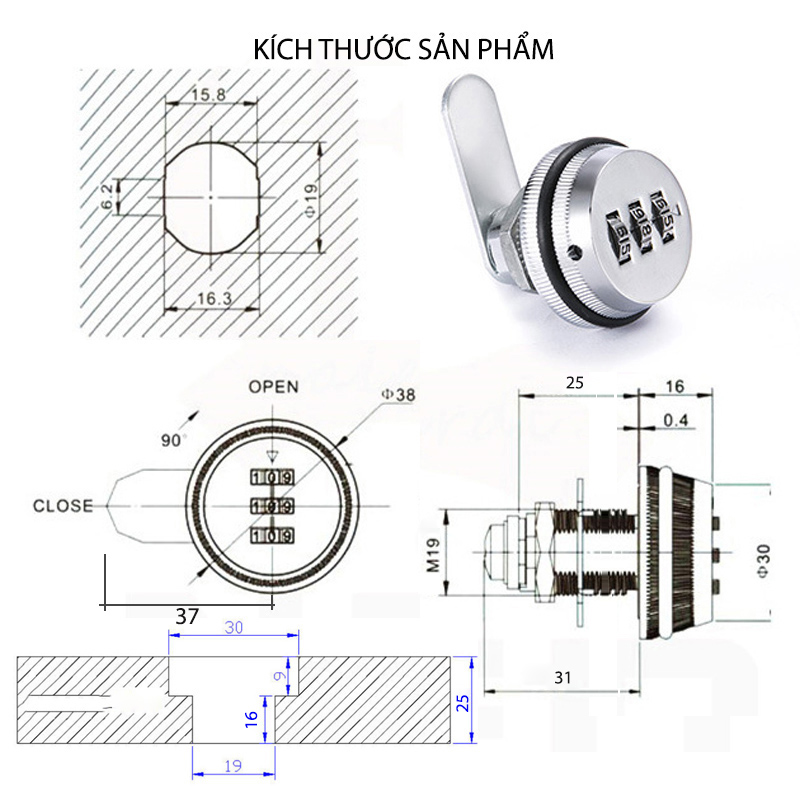 Khóa số ngăn kéo bàn, tủ, loại dài 25mm với 3 mã số có thể thay đổi được, bằng hợp kim