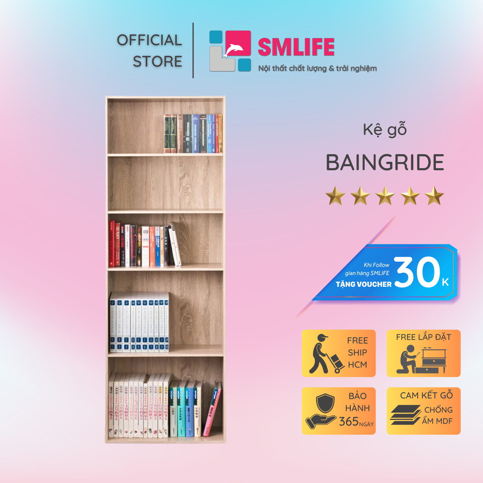 Kệ sách, kệ trang trí gỗ hiện đại SMLIFE Baingride  | Gỗ MDF dày 17mm chống ẩm | D62xR28xC180cm