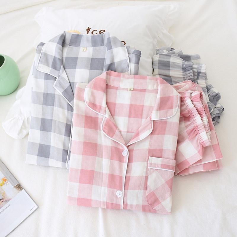 Bộ đồ pyjama nữ dài tay vải xô nhật họa tiết kẻ caro lớn (C341