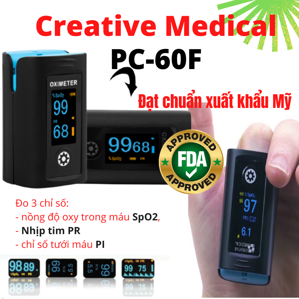 Máy Đo Nồng Độ Oxy Trong Máu SpO2 Và Nhịp Tim Creative Medical model PC-60F, màn hình màu OLED, Công nghệ MoveOxy SpO2 Technology