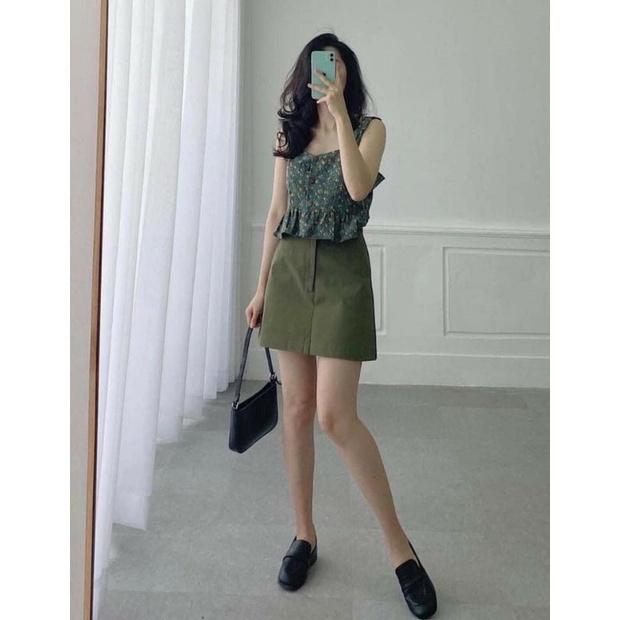 Set Chân Váy Chữ A Kèm Áo 2 Dây Hoa Nhí Xanh