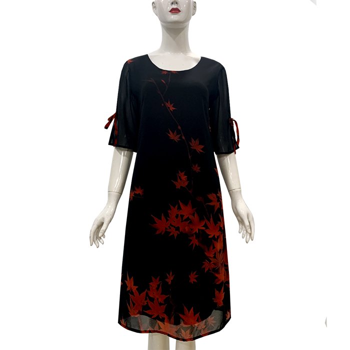 ĐẦM SUÔNG IN LÁ PHONG PHỐI TAY CỘT NƠ