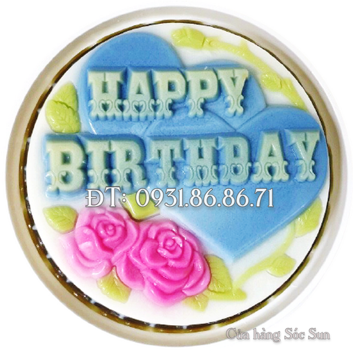 Khuôn rau câu sinh nhật trái tim đôi Happy Birthday hình tròn loại 25 cm - Mã số 1019