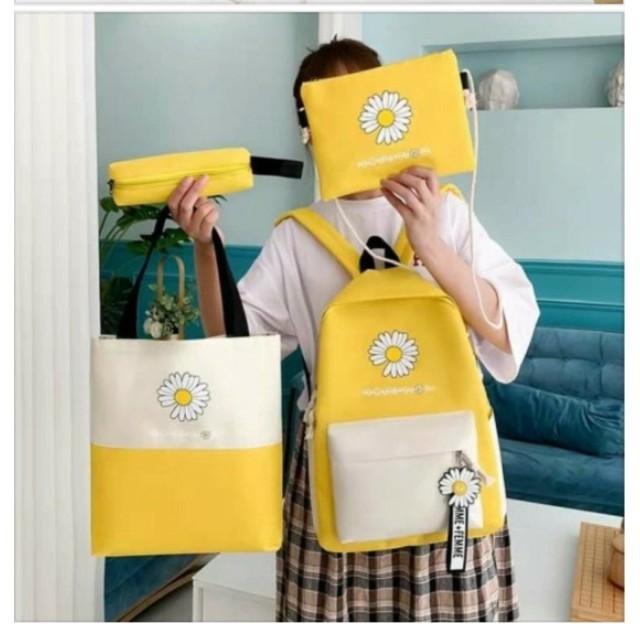 Balo đi học 4 món, balo, balo học sinh, balo hoa cúc 4 món, BỘ 4 MÓN BALO TÚI VÍ DỄ THƯƠNG - BALO NỮ,Balo đẹp thời trang