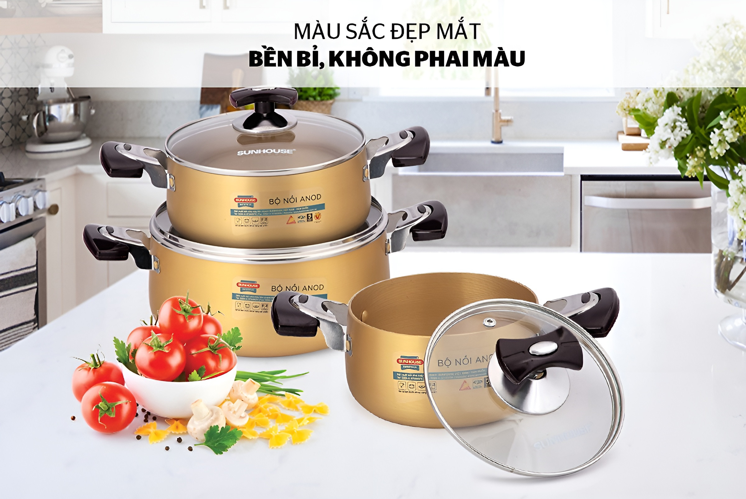 Bộ 3 nồi nhôm anod Sunhouse SH6634N 16-20-24cm hàng chính hãng