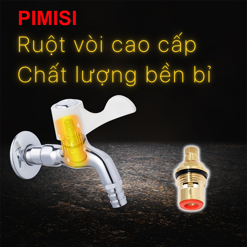 Vòi xả nước lạnh gắn tường Pimisi bằng đồng thau mạ crom - niken sáng bóng cao cấp dùng làm vòi hồ nước lạnh rửa tay chân, lấy nước máy giặt hoặc xả rửa sàn ban công tưới cây gạt tay mở 90 độ | Hàng chính hãng