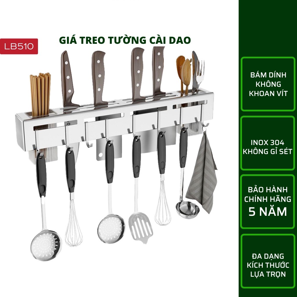 Giá để dao đa năng nhà bếp DoDoDios chất liệu Inox, có ống đựng đũa, thìa tặng thêm miếng dán tường móc treo khăn - Hàng chính hãng