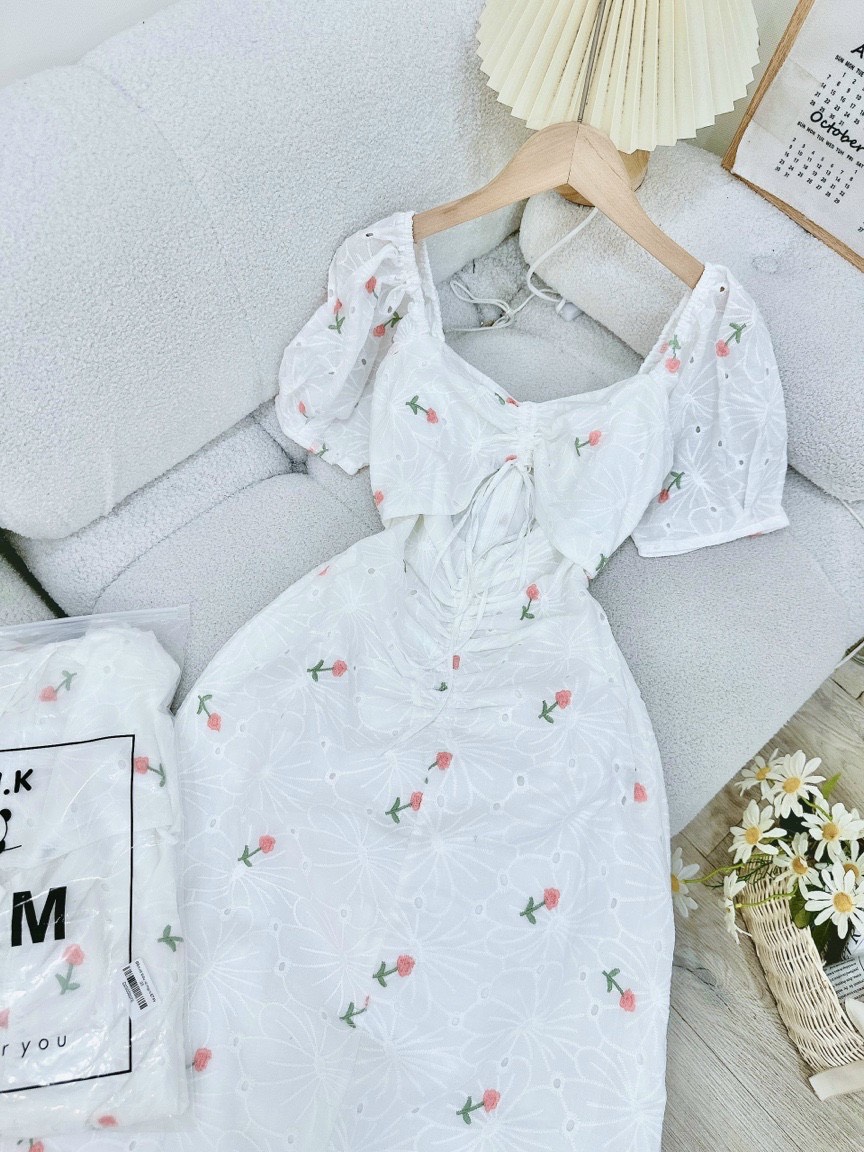 ĐẦN DÀI SUÔNG ÔM BODY CỔ U TRƠN HOA FLORAL DÂY RÚT TAY NGẮN BỒNG MIDI DẠO PHỐ ĐI BIỂN ĐI TIỆC